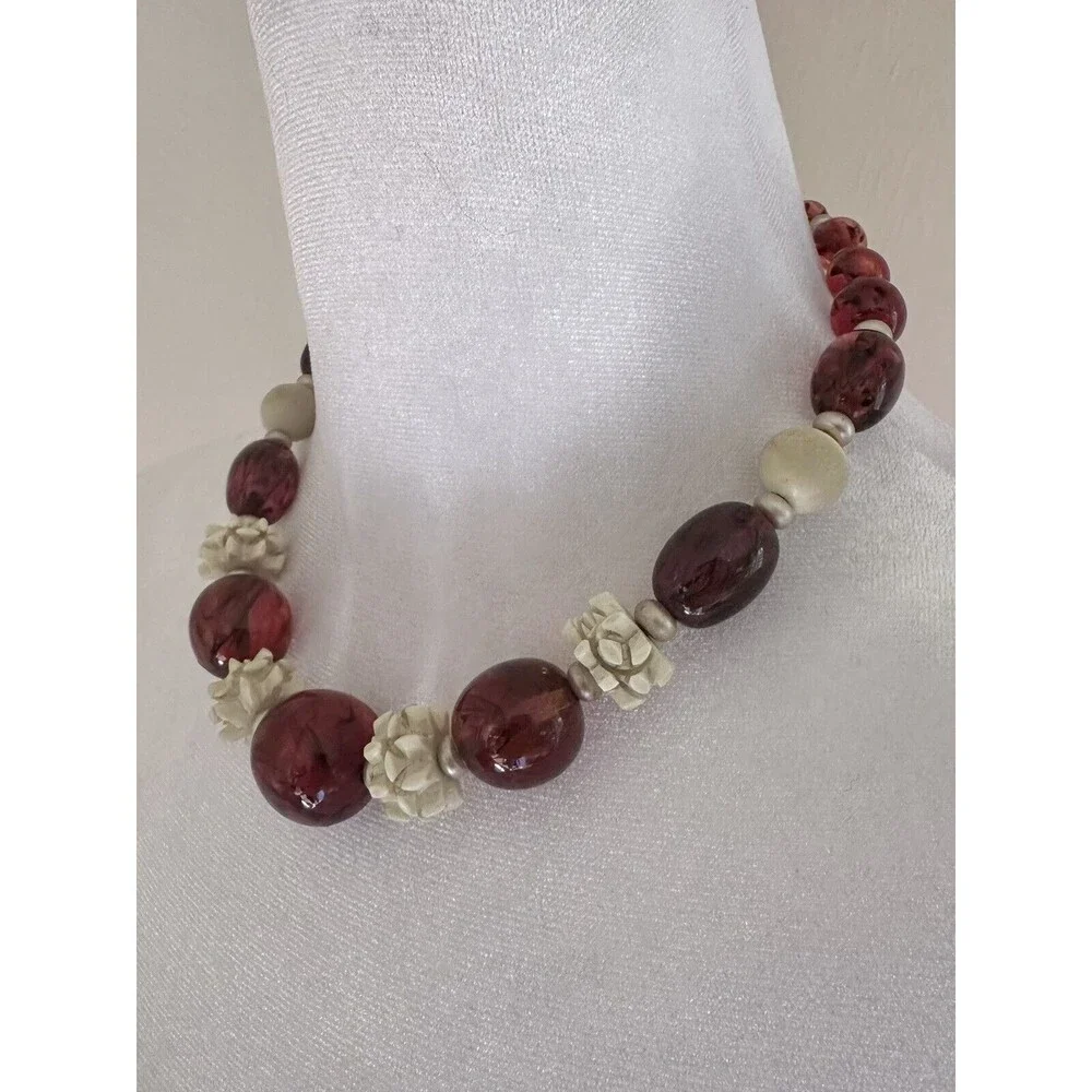 Vintage 1930s Louis Rousselet Art Deco Amber Glass Bead Carved Galalith Necklace